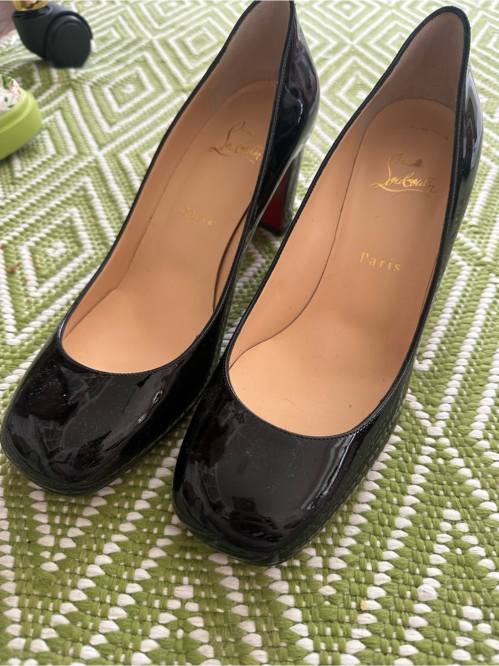 Christian Louboutin Black Patent Leather Round-Toe Pumps with Red Sole